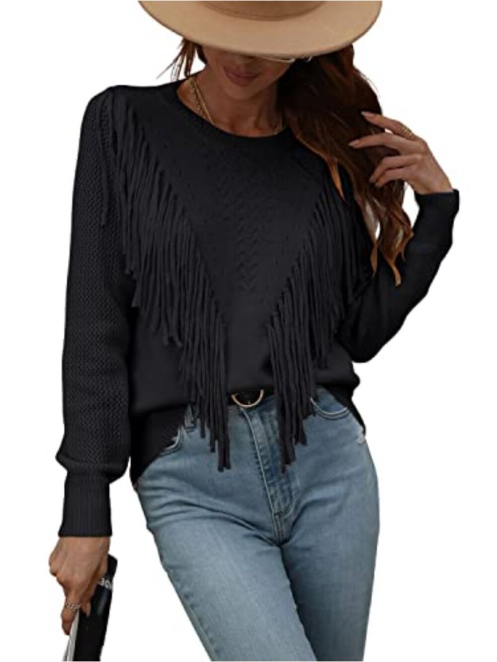 Fringe Tassel Knitted Pullover Sweater Crewneck Long Sleeve Casual Cable Knit